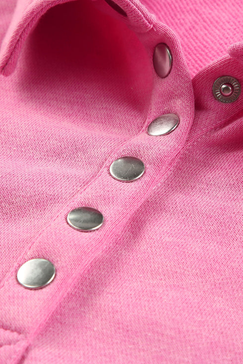 Lantern Sleeve Snap Button Placket Washed Pullover Casual Round Neck Sweatshirt